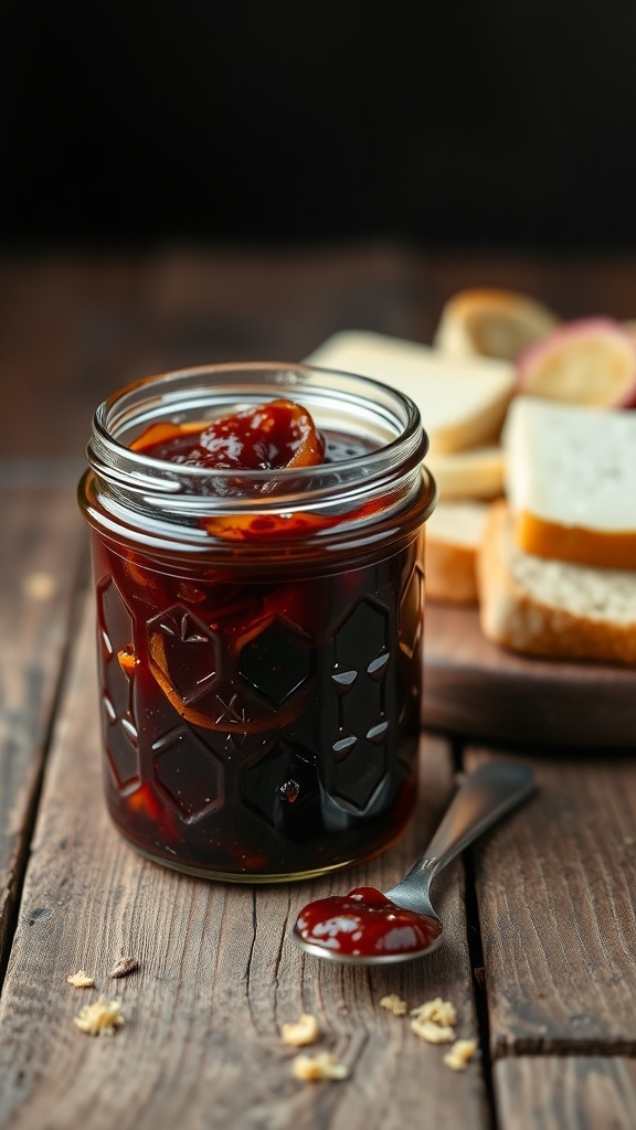 A jar of onion jam with a spoon, surrounded by bread and cheese on a wooden table.